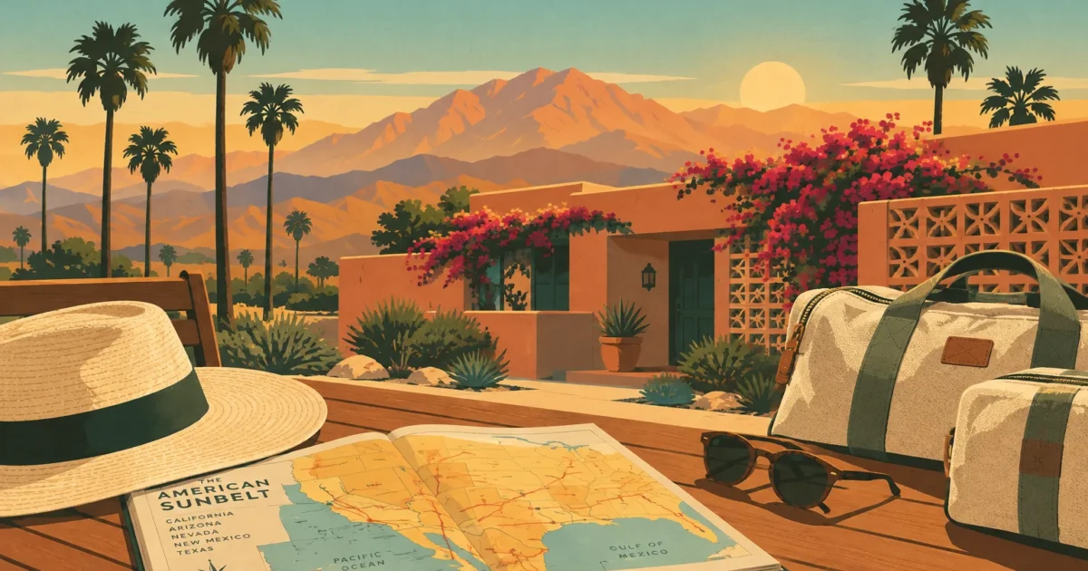 Illustration of a straw hat, map, sunglasses, and duffel bags on a deck overlooking a desert home and mountains.