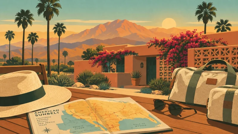 Illustration of a straw hat, map, sunglasses, and duffel bags on a deck overlooking a desert home and mountains.