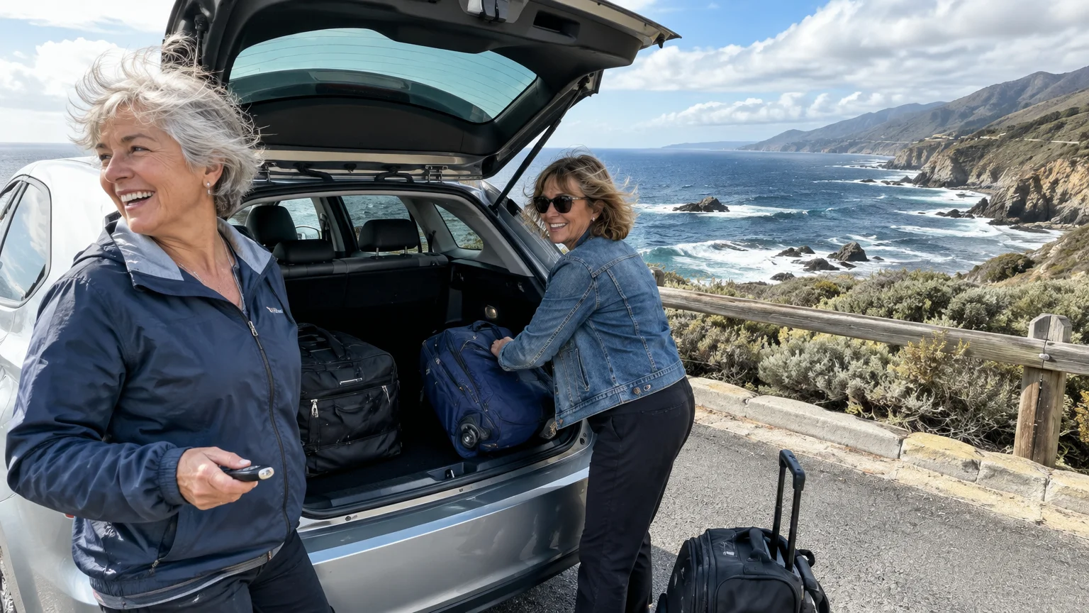 Two smiling women unpack luggage from the open trunk of an SUV parked along a scenic coastal highway.