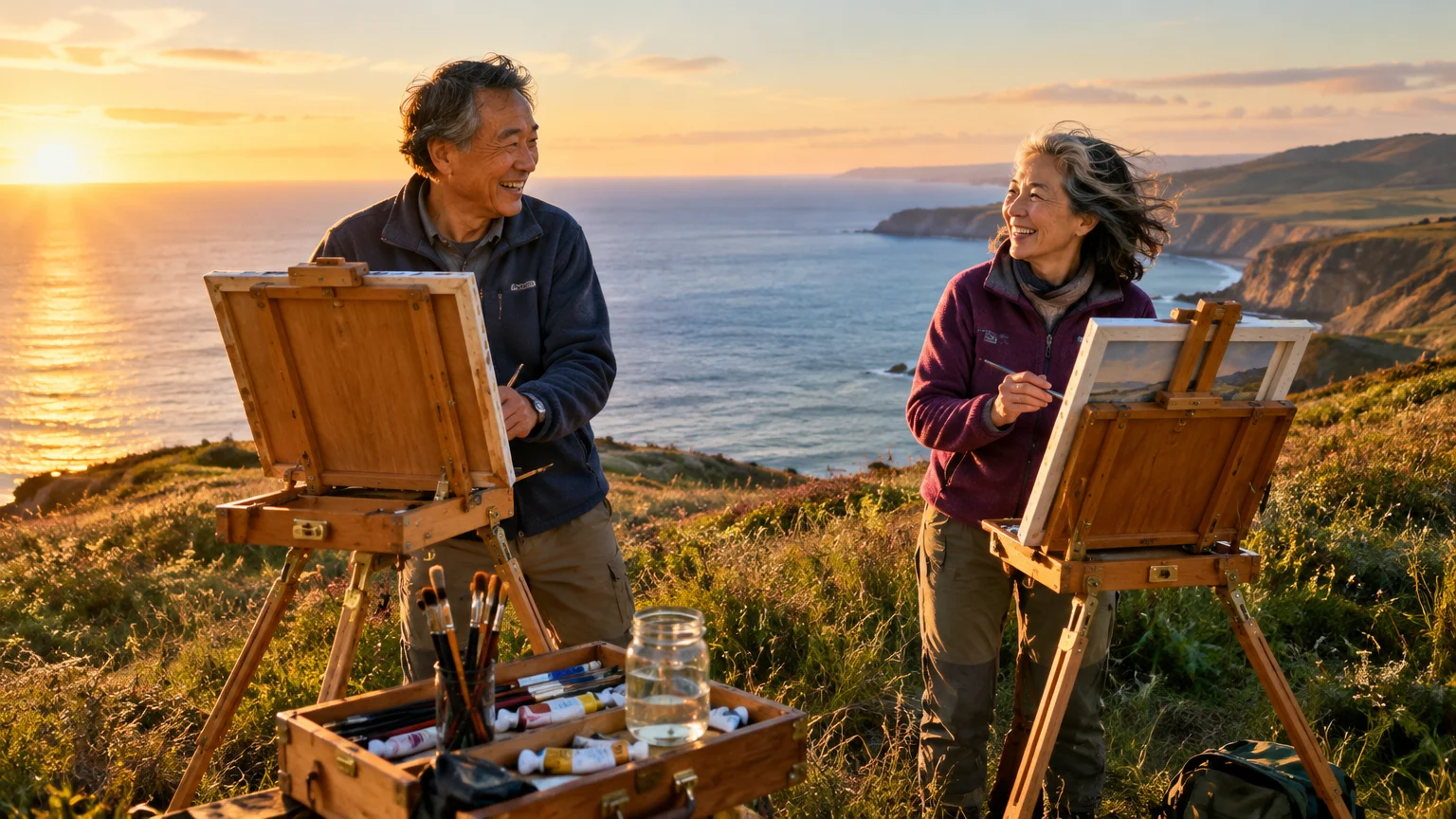 Older man and woman smiling while painting on wooden easels atop a grassy coastal bluff at sunset.