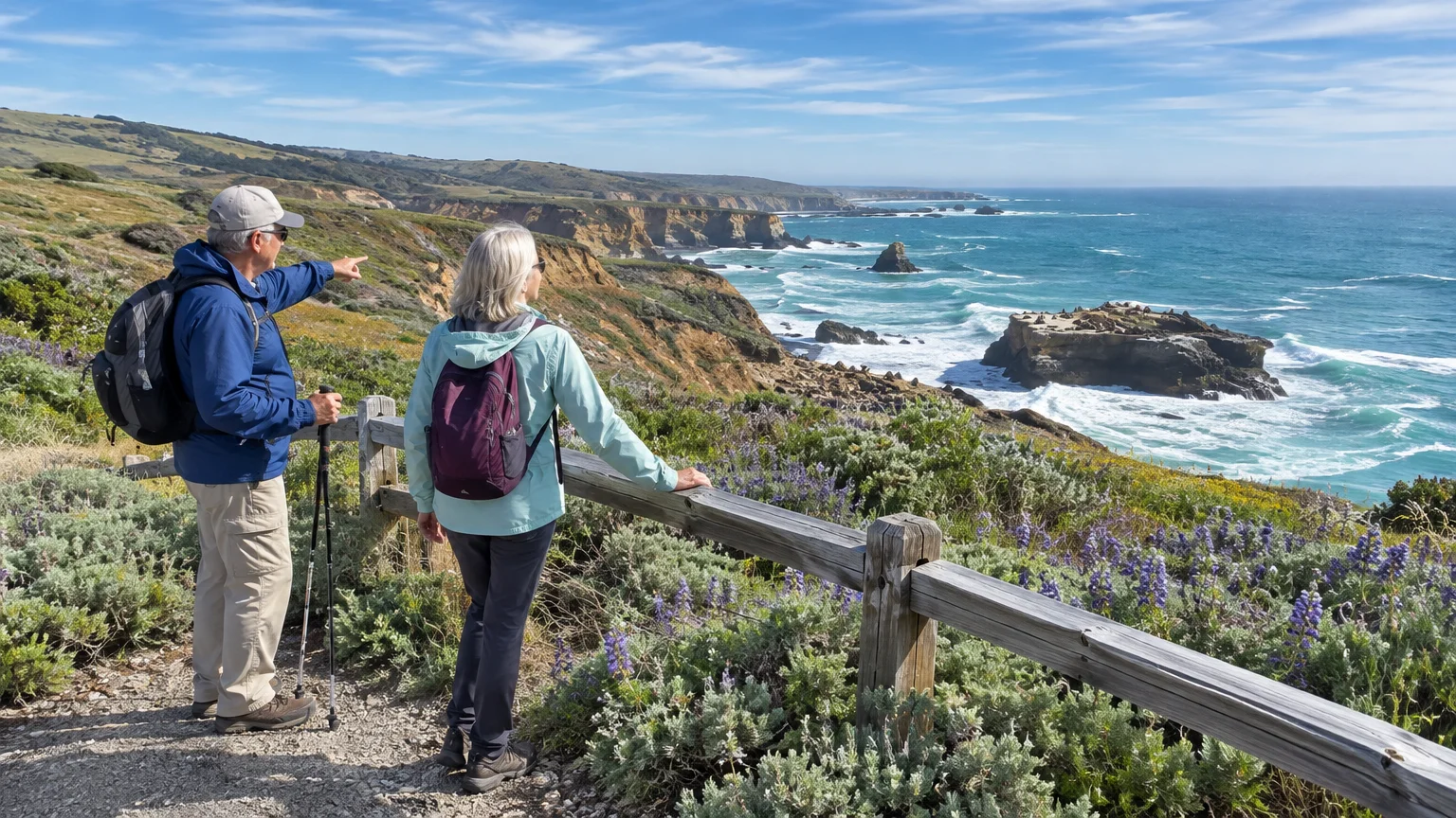 Older couple with backpacks standing by a wooden railing overlooking a rugged ocean coastline with cliffs and waves.