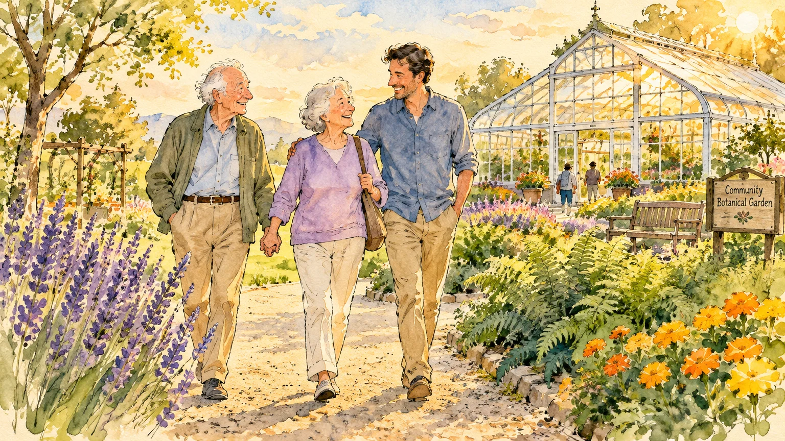 Watercolor of an older couple walking along a garden path with an adult son outside a sunny botanical greenhouse.