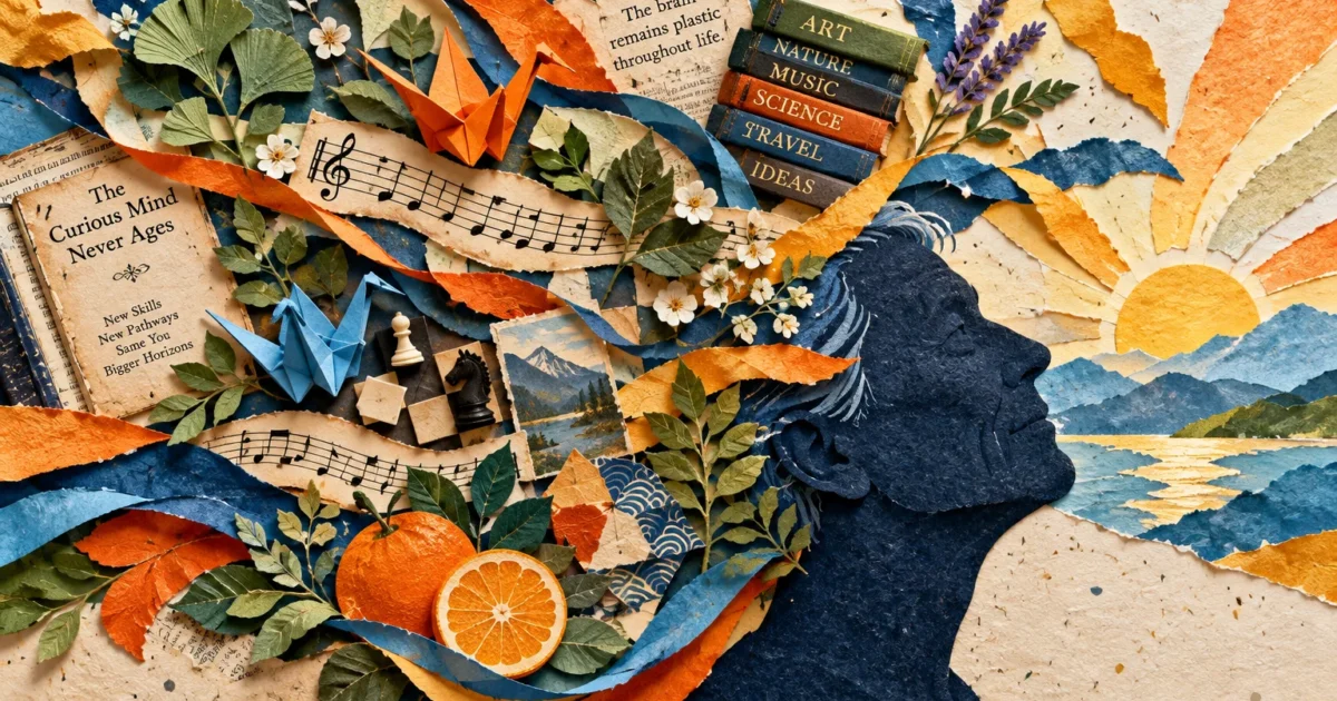 Paper collage silhouette of a head surrounded by origami, sheet music, books, fruit, and a sunrise over water.