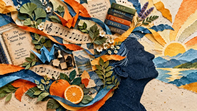 Paper collage silhouette of a head surrounded by origami, sheet music, books, fruit, and a sunrise over water.