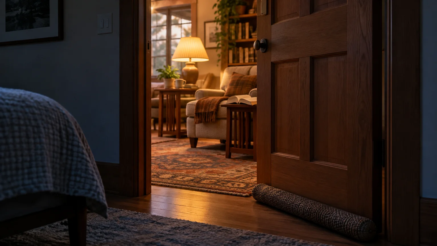 Wooden doorway leading from a dim bedroom to a warmly lit living room with an armchair, lamp, and draft stopper on the floor.