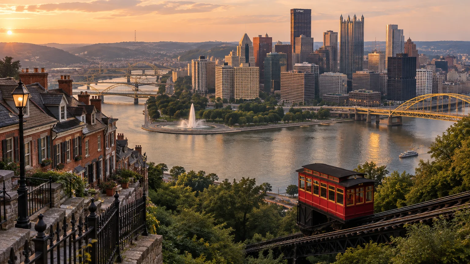 View of the Pittsburgh skyline and river at sunset, with a red funicular car climbing Mount Washington in the foreground.