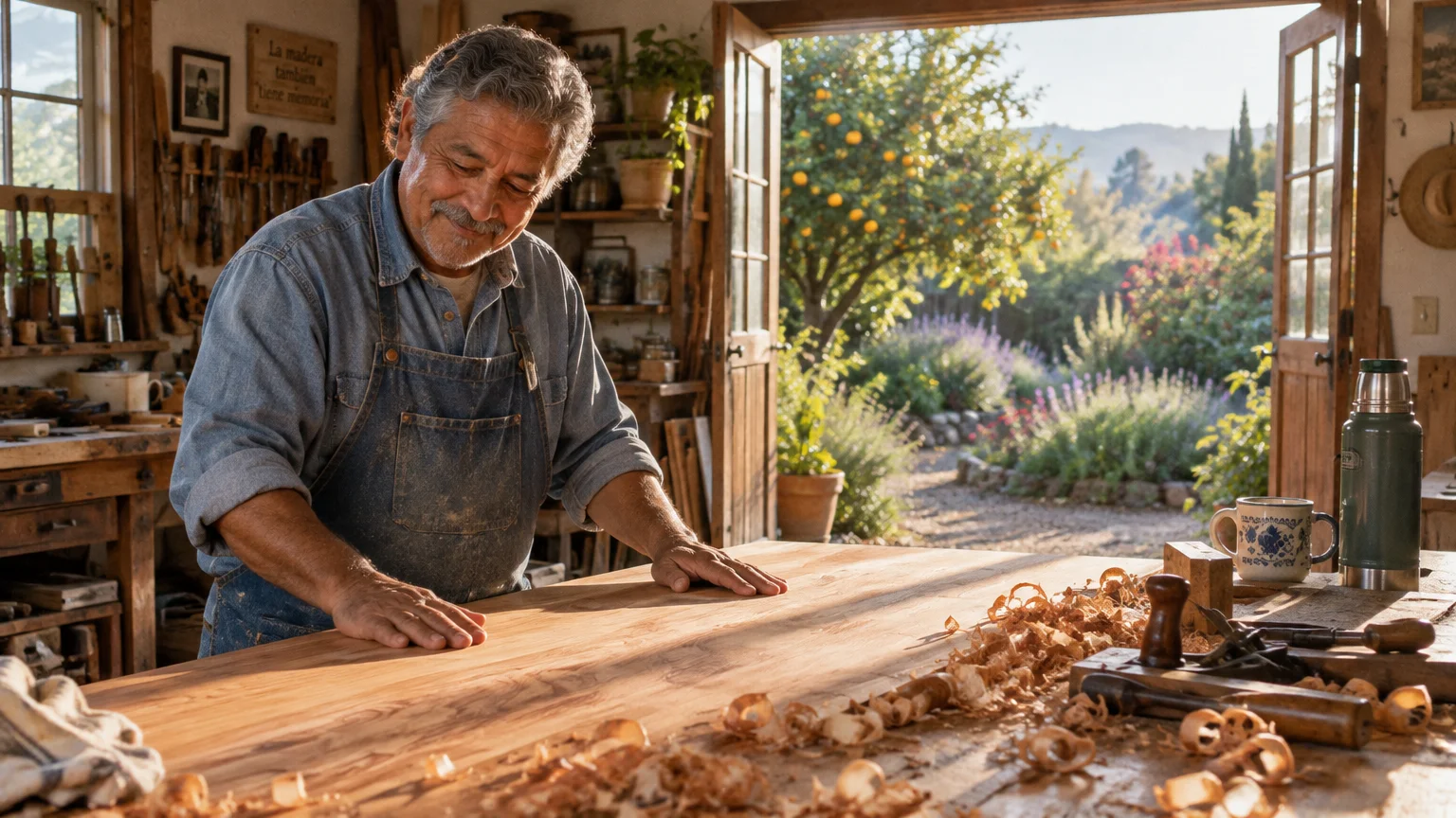 Smiling senior carpenter in an apron touches a smooth wooden board in a sunlit workshop opening to a garden.