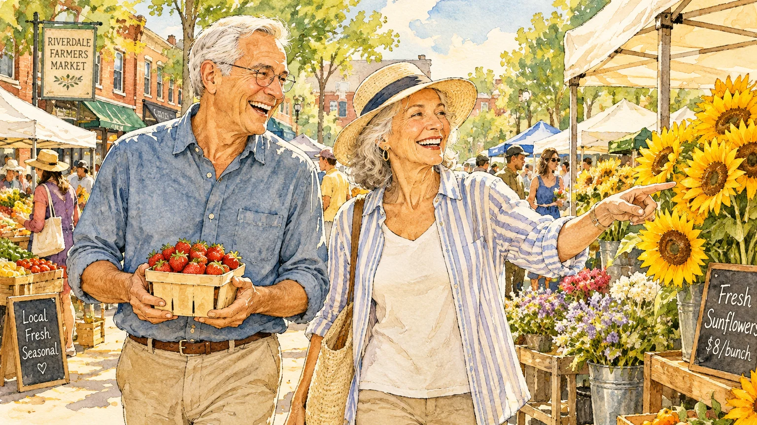 Watercolor illustration of a smiling senior couple shopping among fruit and flower stalls at an outdoor farmers market.