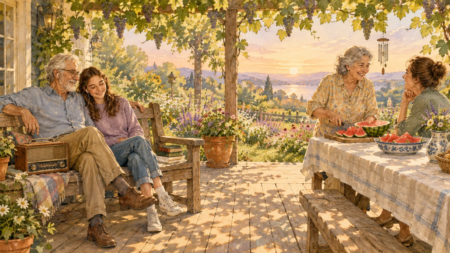 Watercolor illustration of a family gathered on a sunny garden porch overlooking rolling hills at sunset.