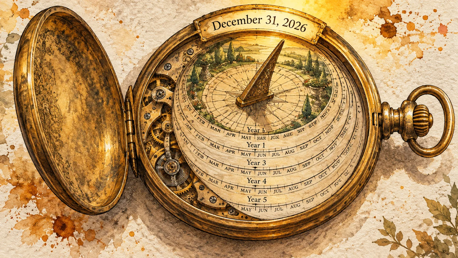 Antique gold pocket watch with an open lid, exposing internal gears and a sundial dial marked with five years.