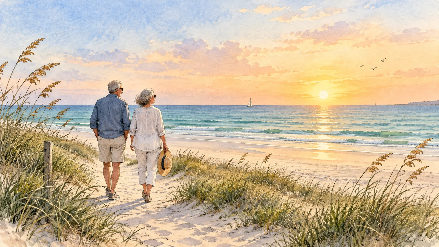 Watercolor illustration of an older couple walking down a sandy dune path toward the ocean during a golden sunset.