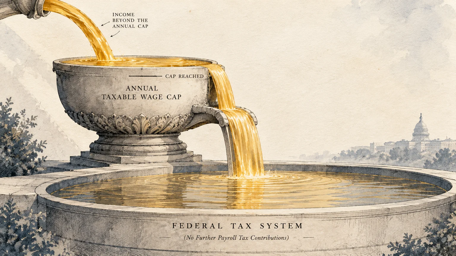 Illustration of golden liquid overflowing an ornate stone basin labeled Annual Taxable Wage Cap into a lower pool.