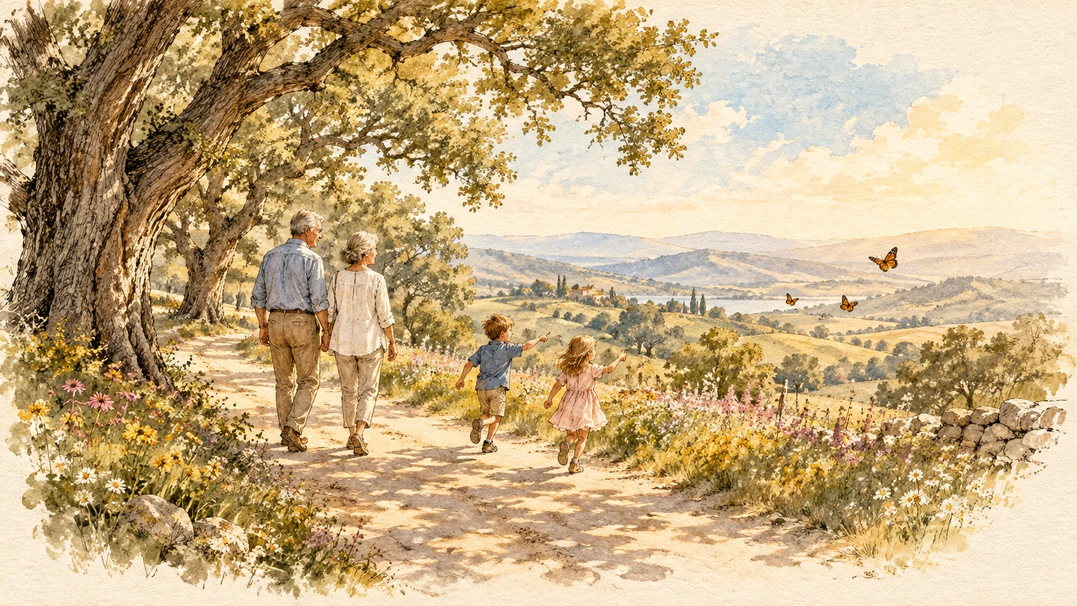 Watercolor illustration of grandparents walking along a country dirt path as two grandchildren run ahead toward rolling hills.