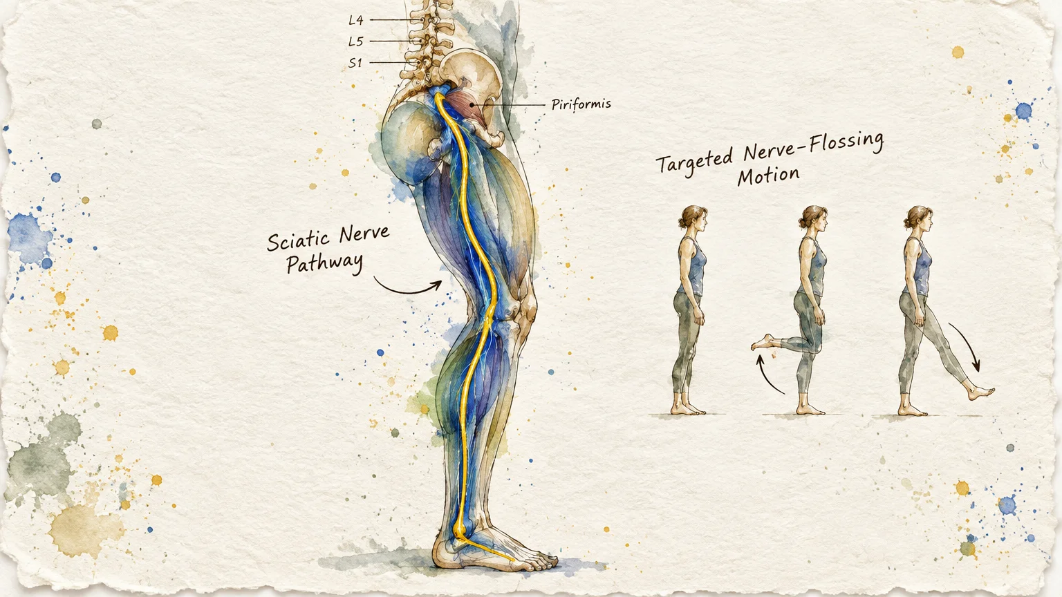 Medical illustration showing the sciatic nerve pathway down a leg alongside three nerve-flossing exercise steps.