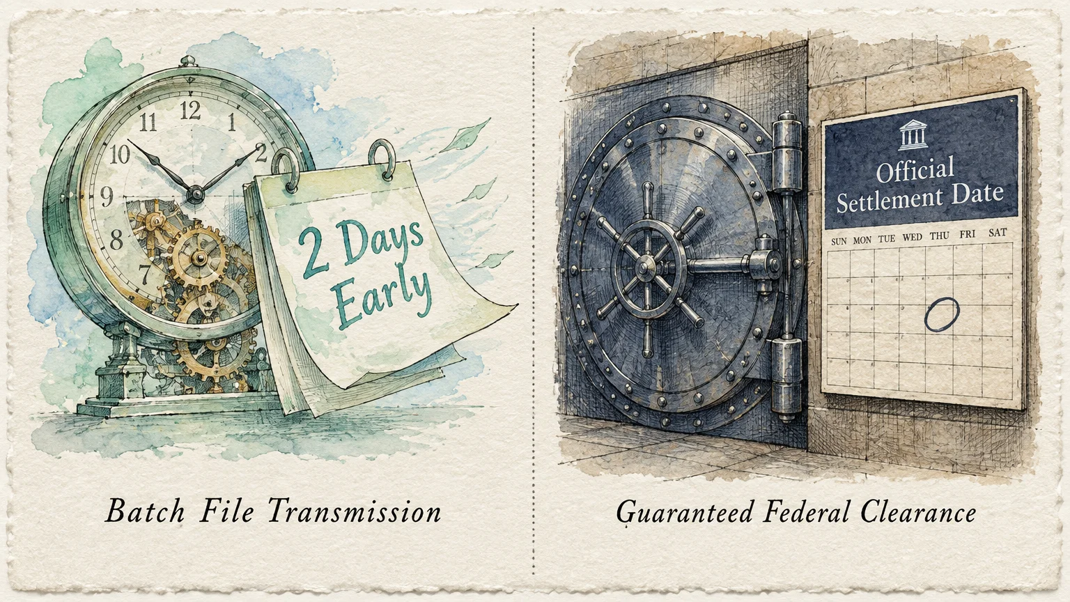 Split illustration showing a clock with a calendar marked 2 Days Early next to an open bank vault with a calendar.