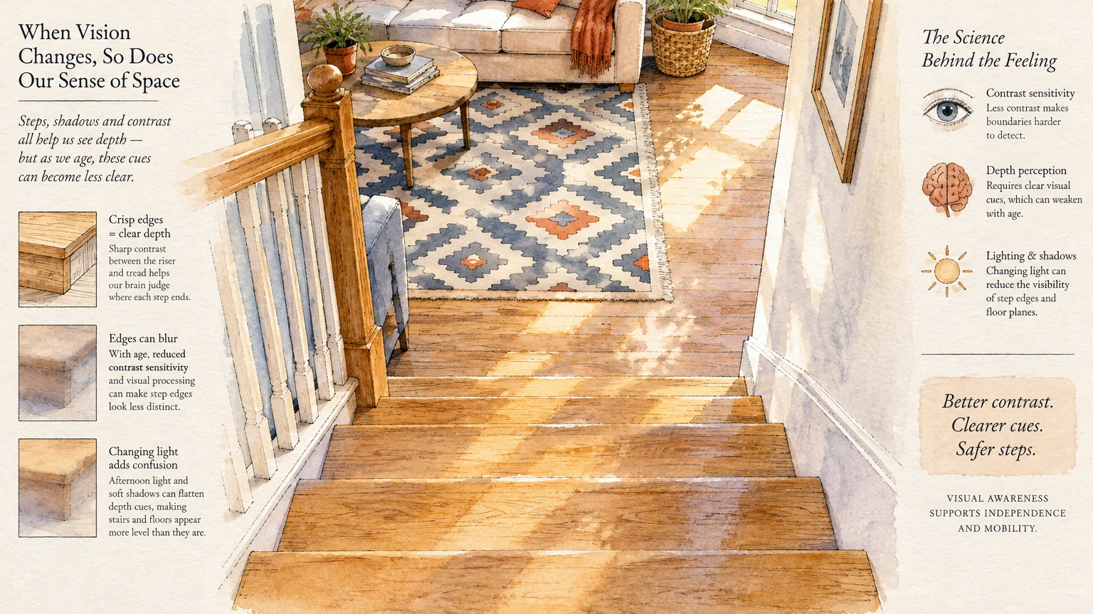 Watercolor illustration showing a view down wooden stairs toward a patterned rug, with side diagrams explaining depth perception.