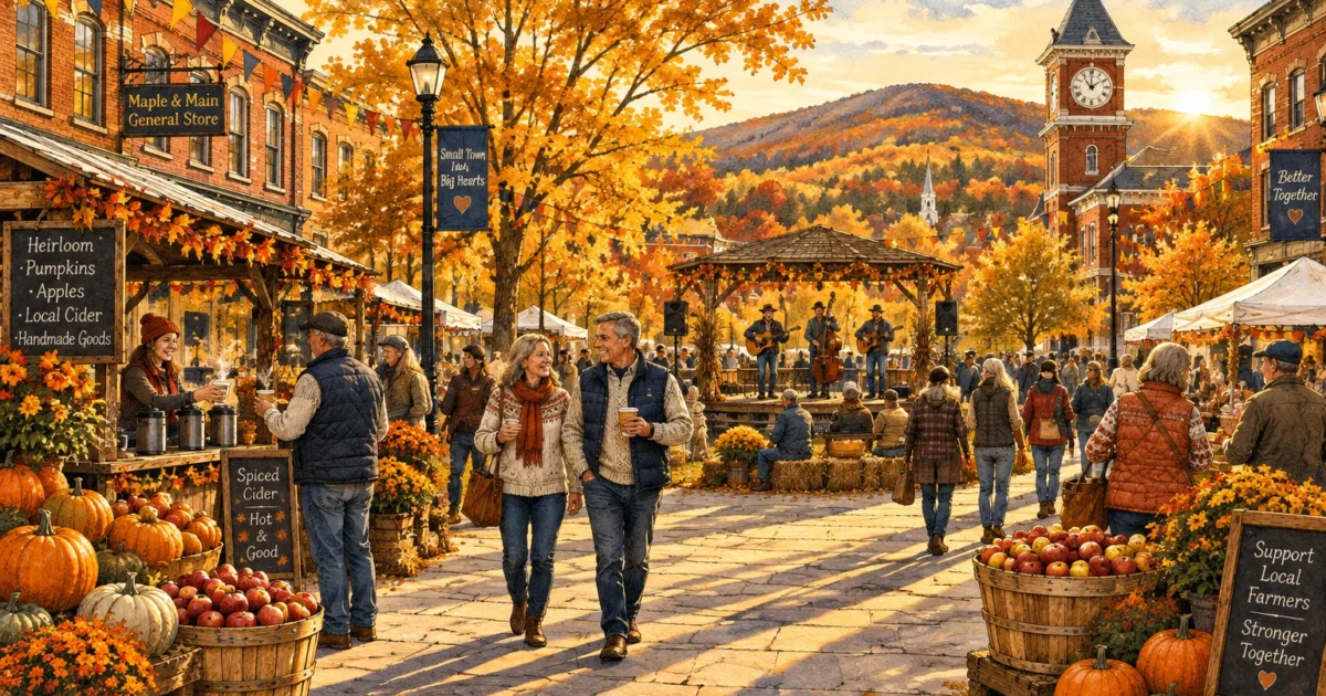 Illustration of a bustling autumn town festival with market stalls, pumpkins, musicians in a gazebo, and mountain views.
