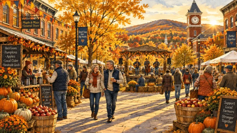 Illustration of a bustling autumn town festival with market stalls, pumpkins, musicians in a gazebo, and mountain views.