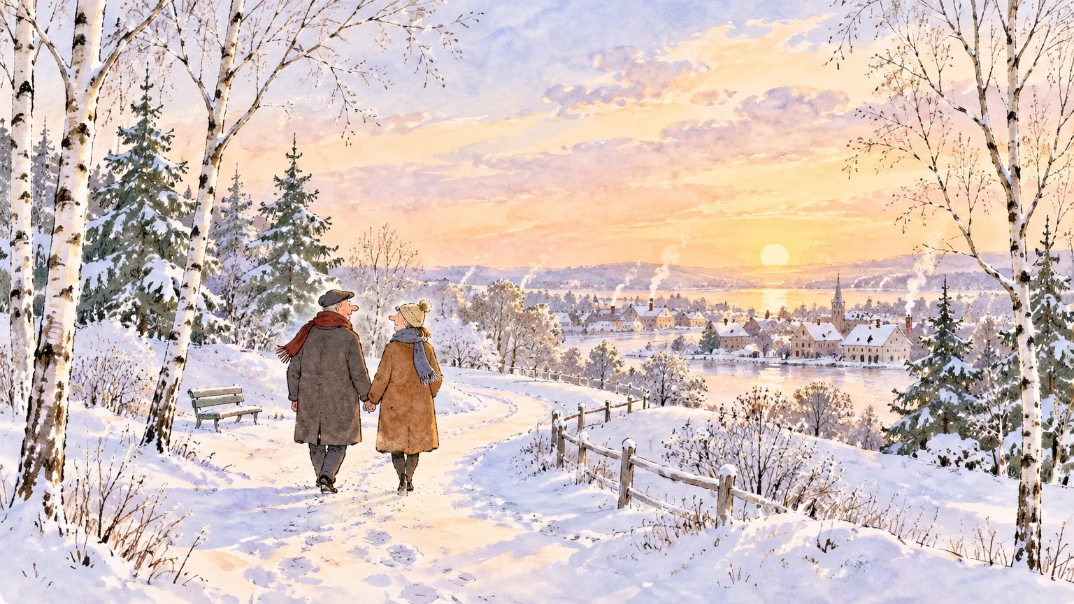 Watercolor of an older couple holding hands, walking along a snowy path toward a village at sunset.