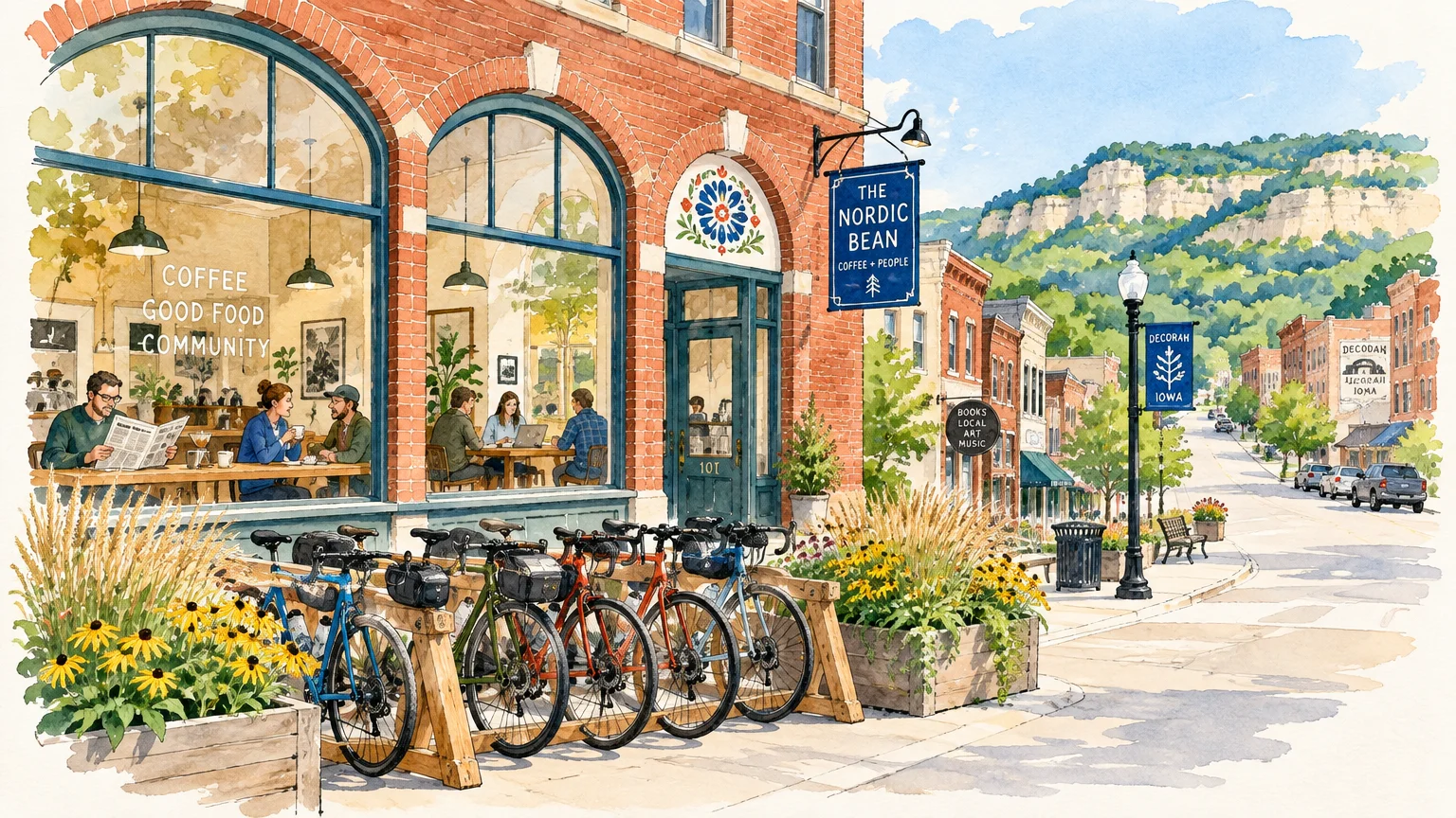 Watercolor illustration of a brick coffee shop with parked bicycles on a sunny street near green bluffs.