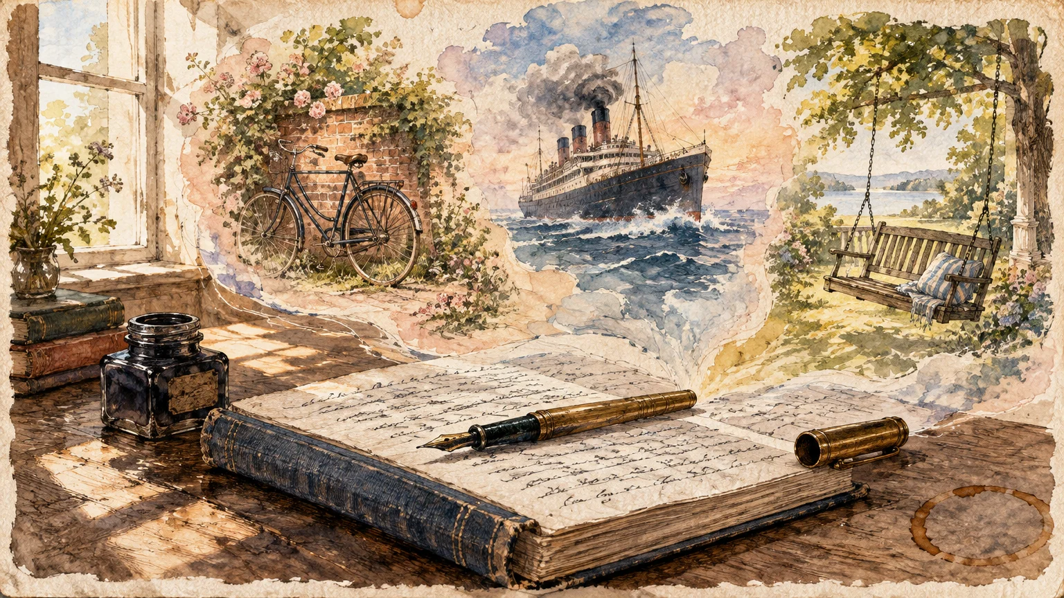 Watercolor of an open journal and fountain pen, with painted memories of a bicycle, steamship, and porch swing drifting up.