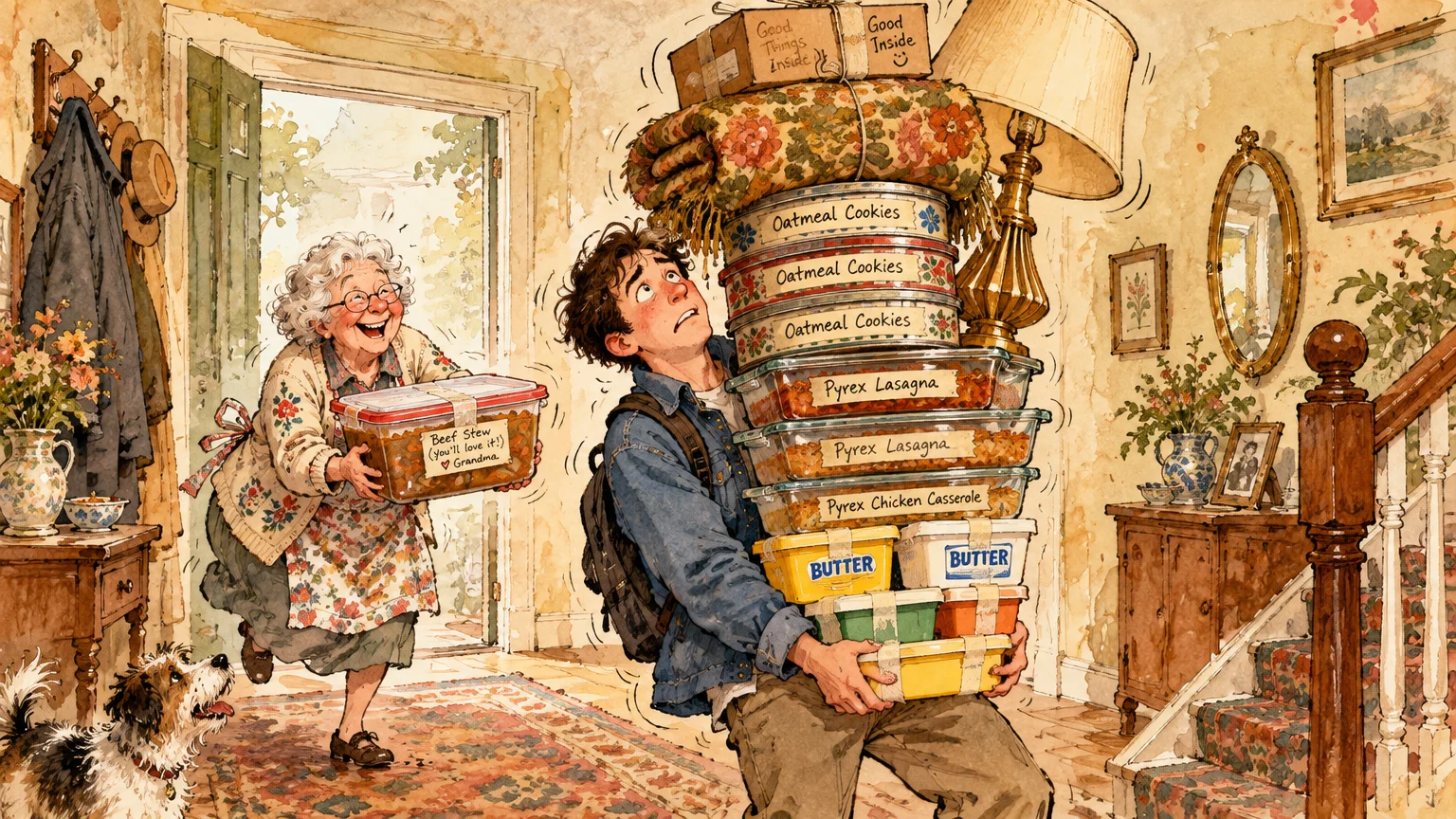 Illustration of a grandmother chasing a young man carrying a massive, towering stack of food containers and household items.