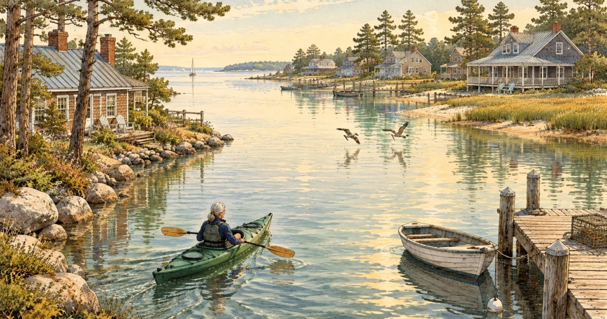 Illustration of a person kayaking on a calm waterway past coastal cottages, docks, and boats.