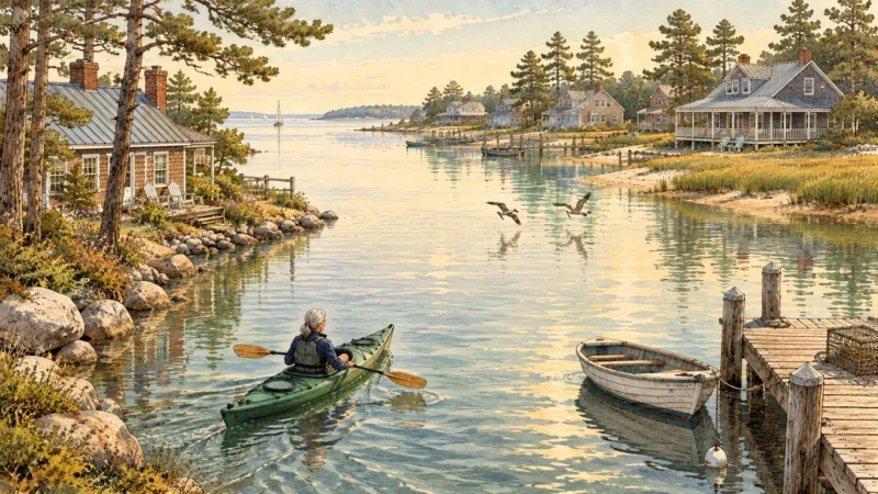 Illustration of a person kayaking on a calm waterway past coastal cottages, docks, and boats.