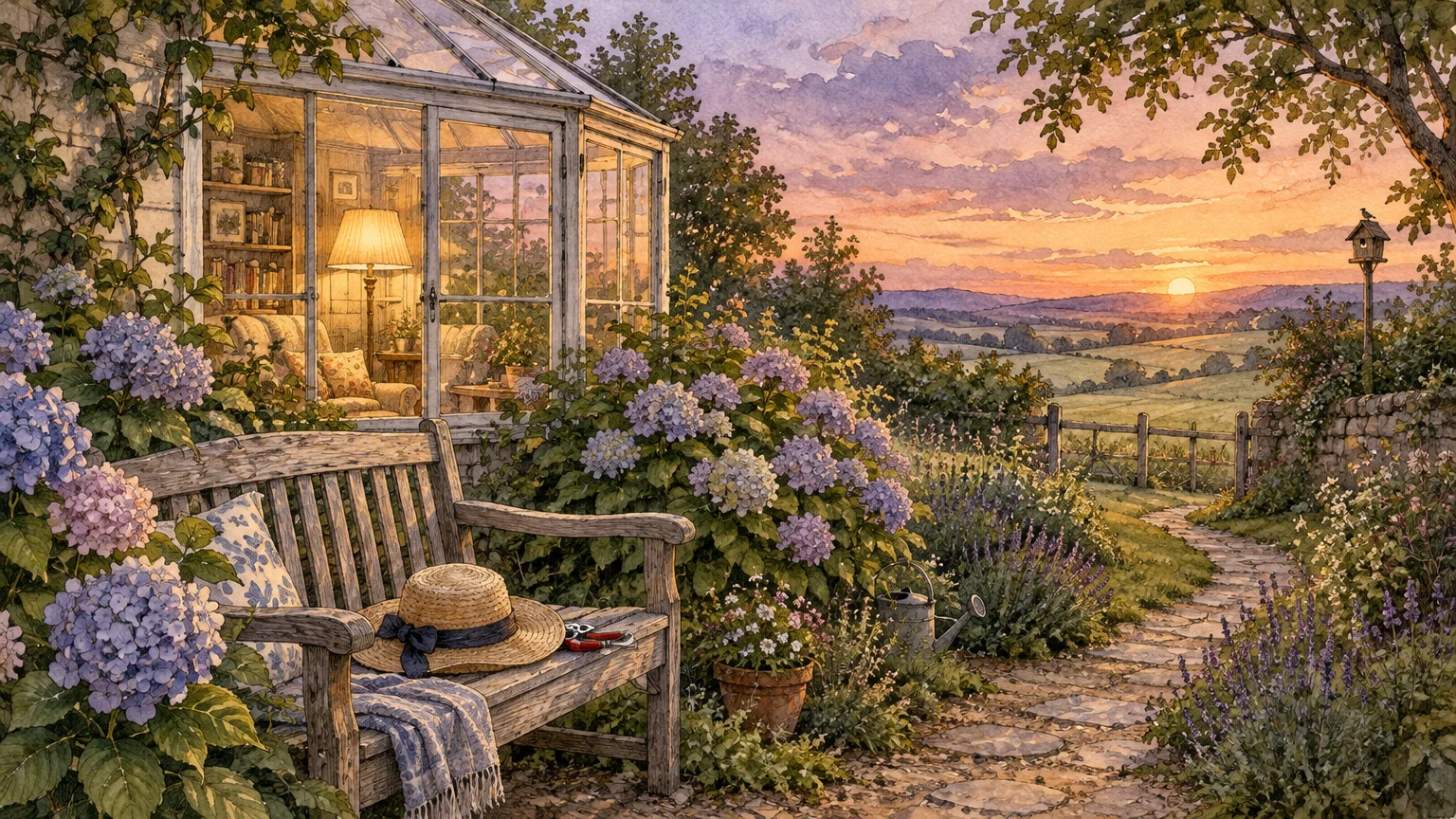 Watercolor illustration of a garden bench and glass greenhouse beside a stone path overlooking rolling hills at sunset.