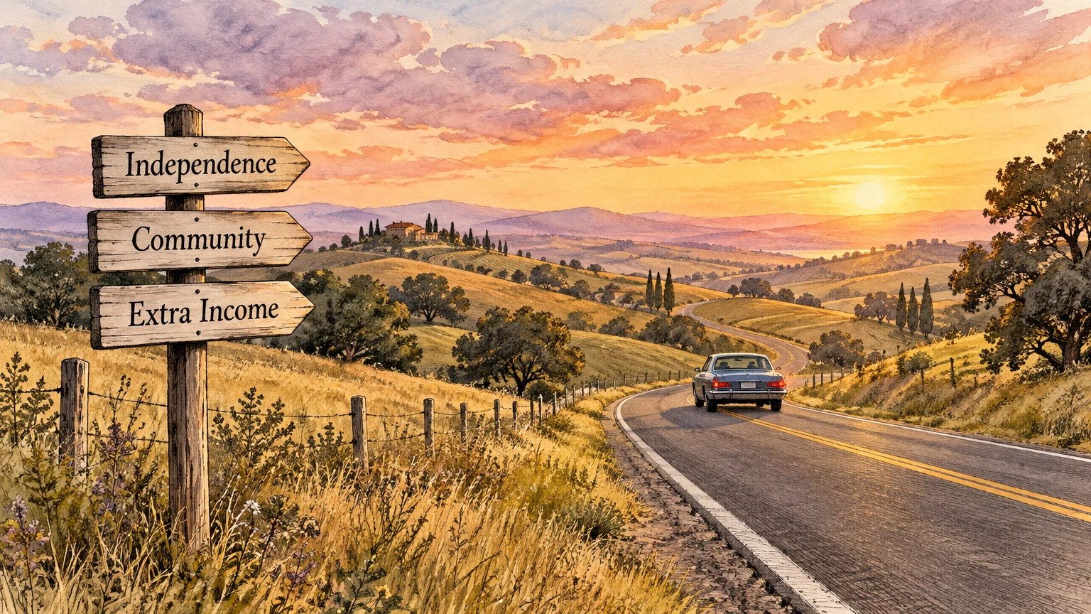 Watercolor illustration of a car driving down a scenic winding road past a wooden sign reading Independence, Community, and Extra Income.