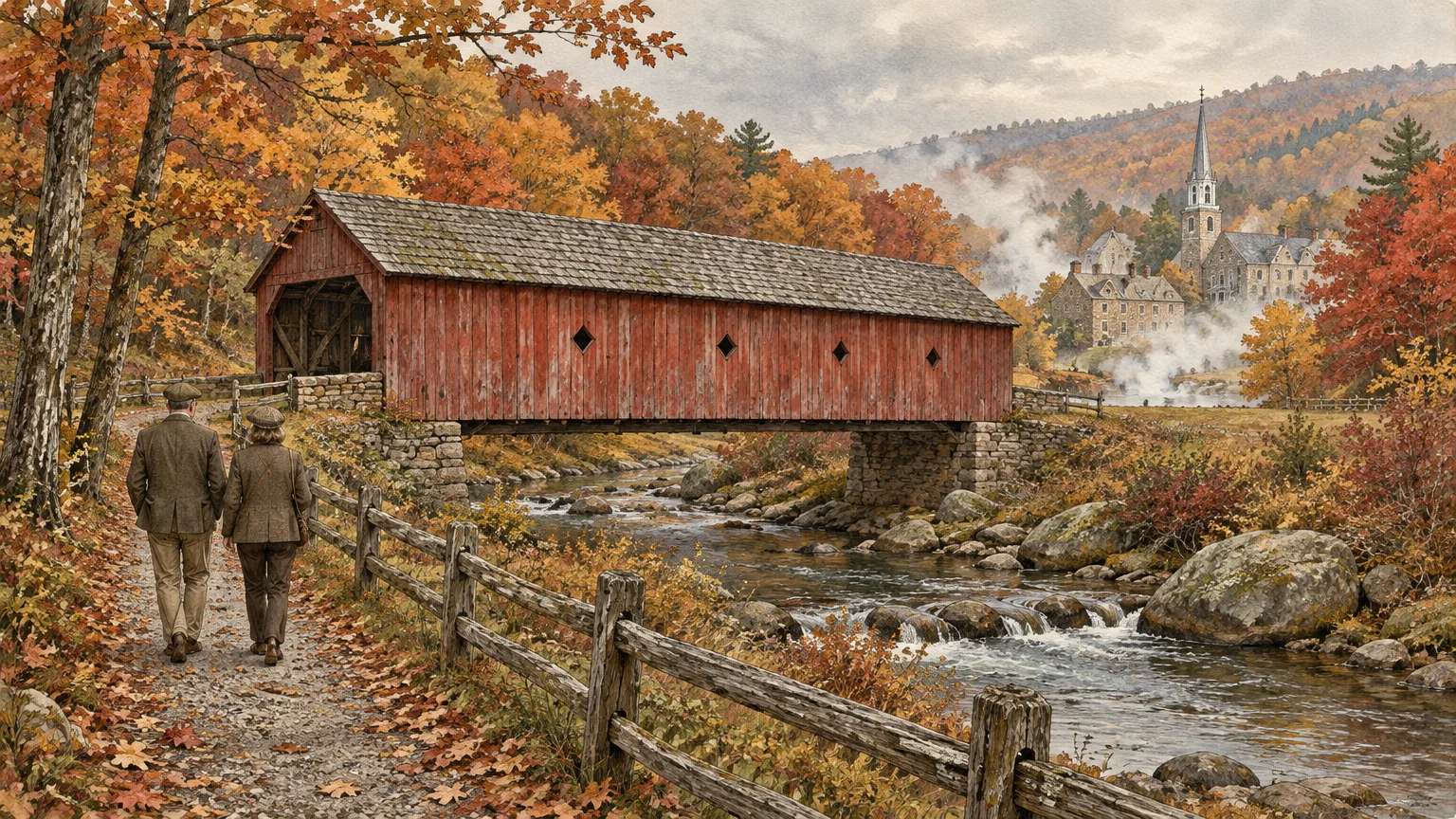 Illustration of a couple walking beside a stream toward a red covered bridge surrounded by colorful autumn foliage.