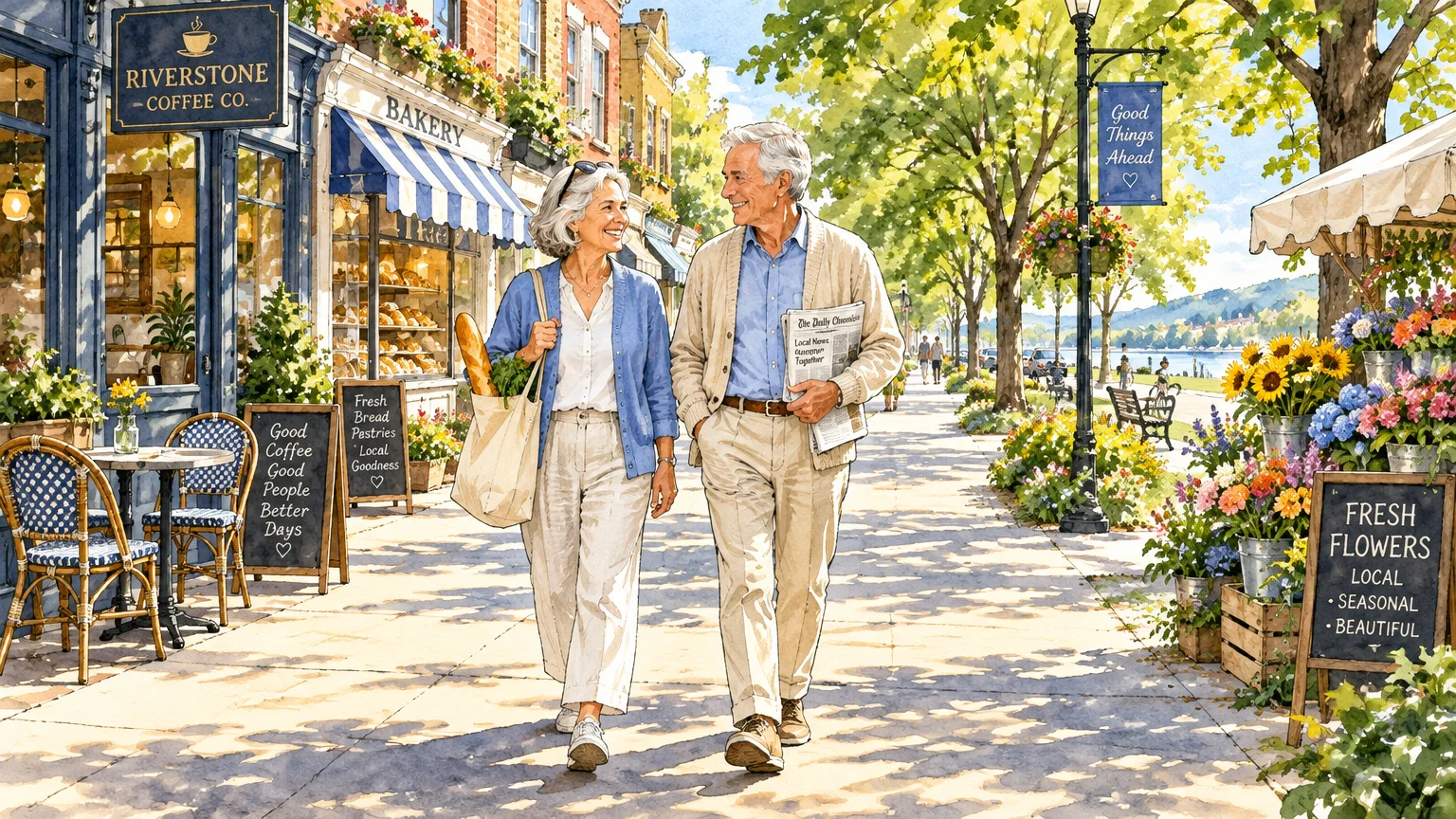 Watercolor illustration of a senior couple walking along a sunny sidewalk past outdoor cafes and a flower stand.