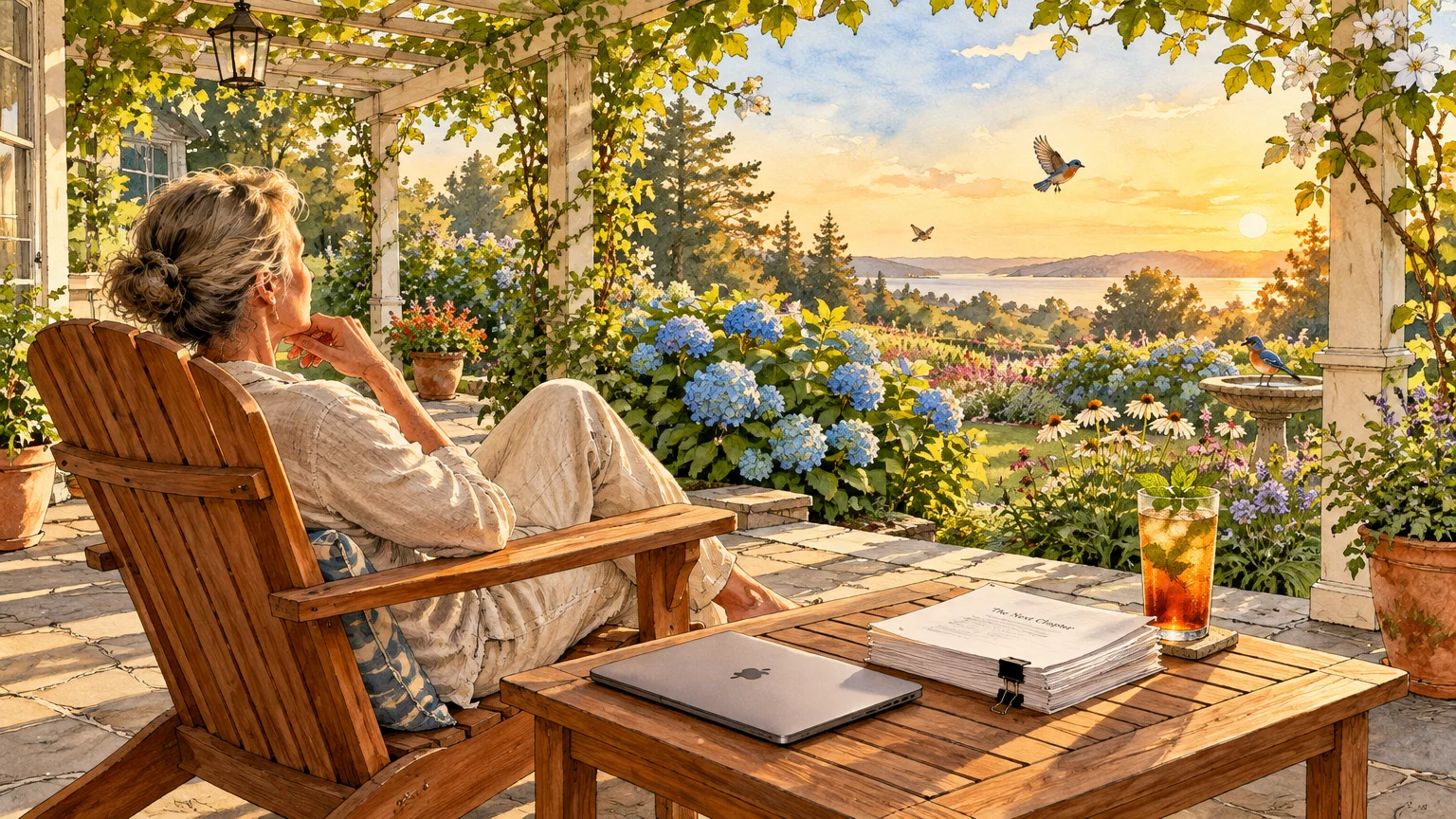 Woman relaxes on a patio chair looking at a sunset garden, with a laptop and papers on a wooden table.