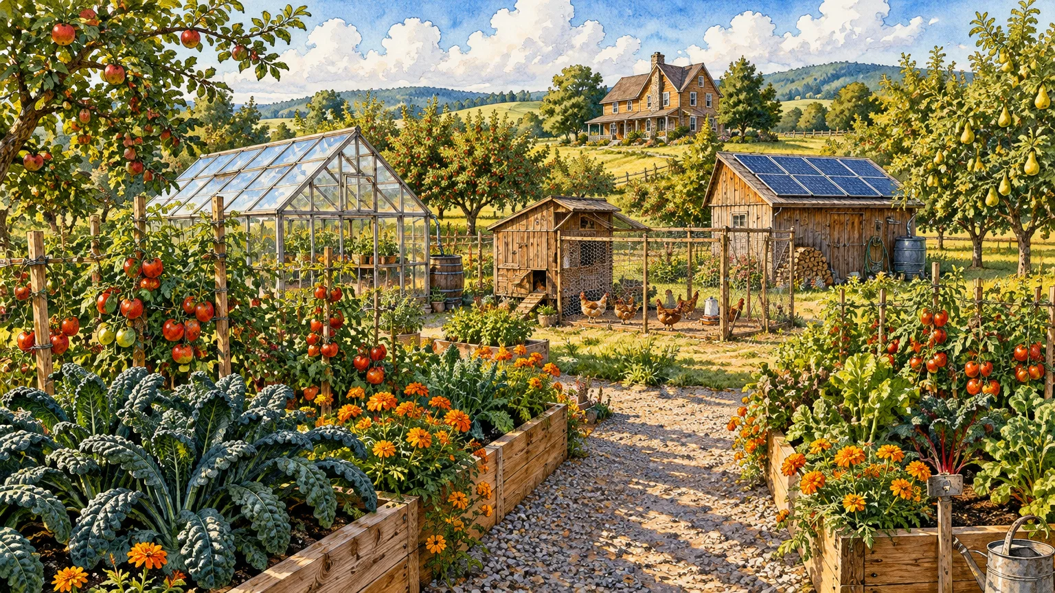 Watercolor illustration of a rural homestead featuring raised garden beds, a greenhouse, chicken coop, shed, and farmhouse.