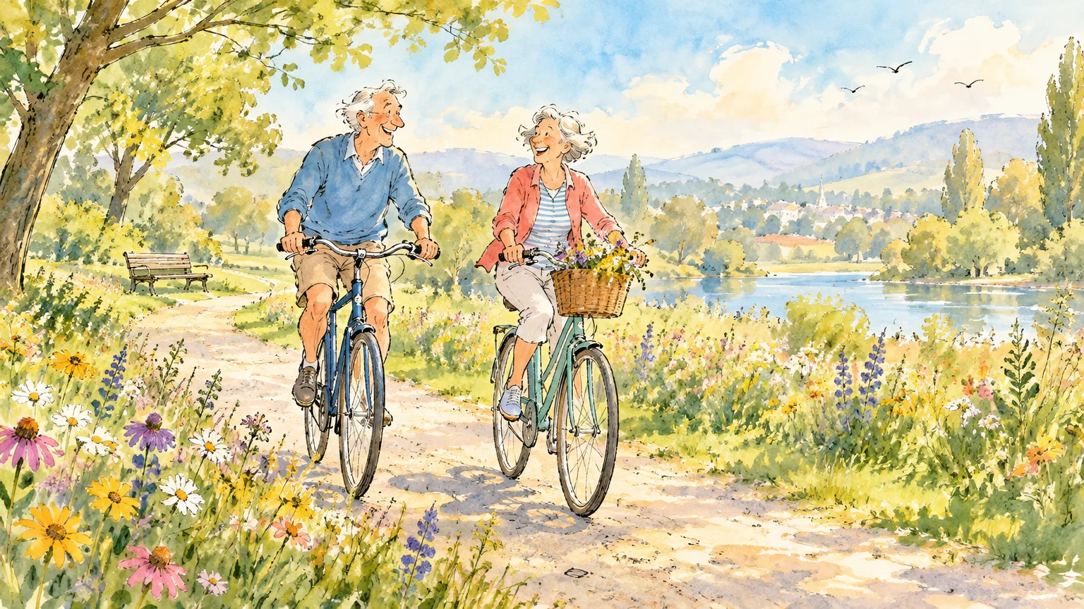 Watercolor illustration of a smiling senior couple riding bicycles along a wildflower-lined path beside a lake.