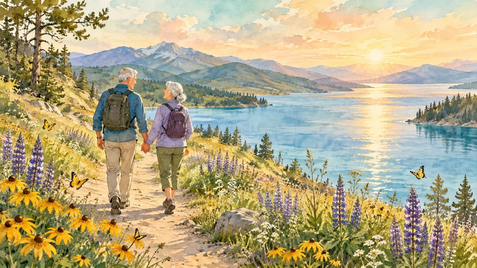 Watercolor illustration of an older couple hiking along a scenic lakeside trail surrounded by wildflowers and mountains.