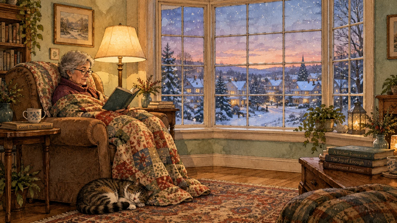 Illustration of an older woman reading in an armchair under a quilt with a cat sleeping by a snowy bay window.