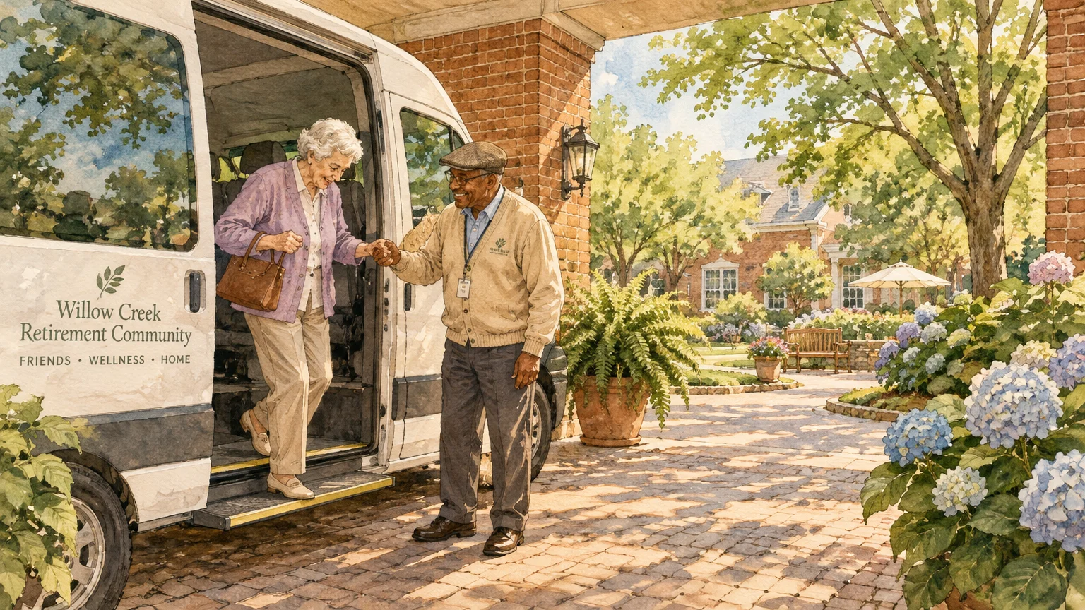 Watercolor illustration of a male shuttle driver helping an elderly woman step down from a retirement community van.