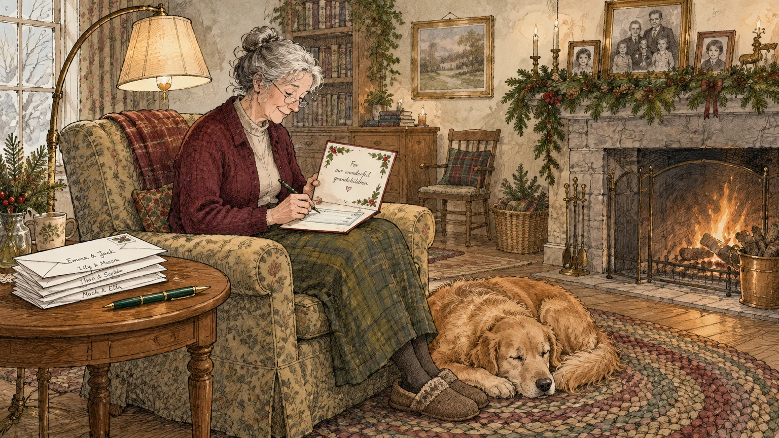 Illustration of an older woman writing a check in a holiday card by a roaring fireplace with a dog sleeping nearby.
