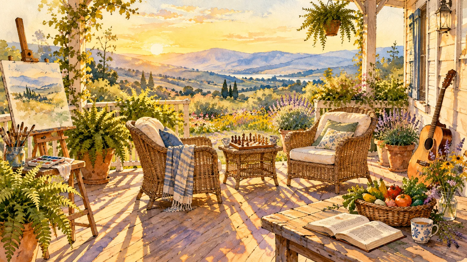 Watercolor porch with wicker chairs, a chessboard, guitar, painting easel, and a sunset view over rolling hills.