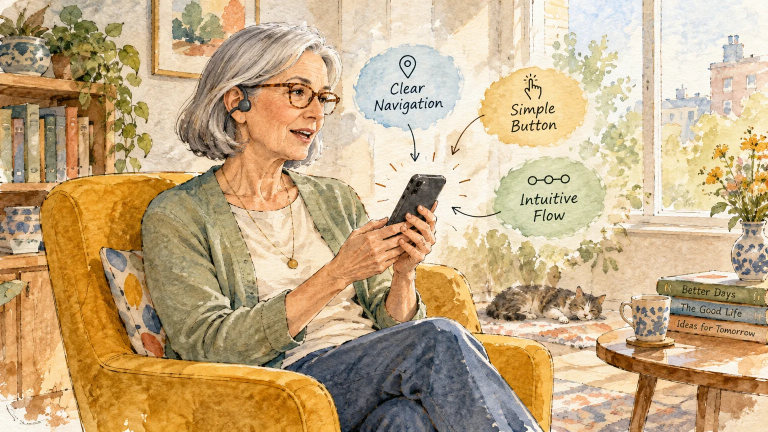 Watercolor illustration of a senior woman in an armchair wearing a headset, testing a smartphone with callout bubbles.