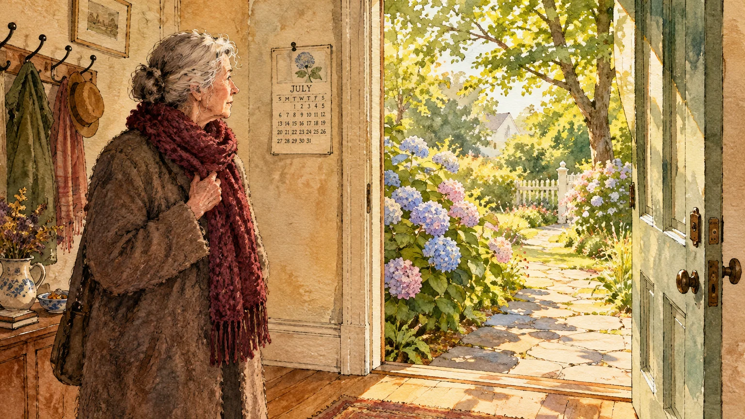 Illustration of an elderly woman in a heavy winter coat and scarf looking out an open doorway into a sunny summer garden.