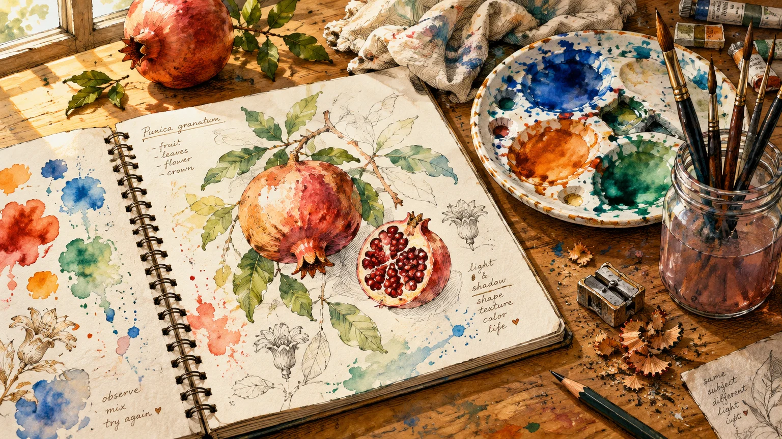 Botanical watercolor illustration of pomegranates in a sketchbook alongside a paint palette, brushes, and pencil shavings.