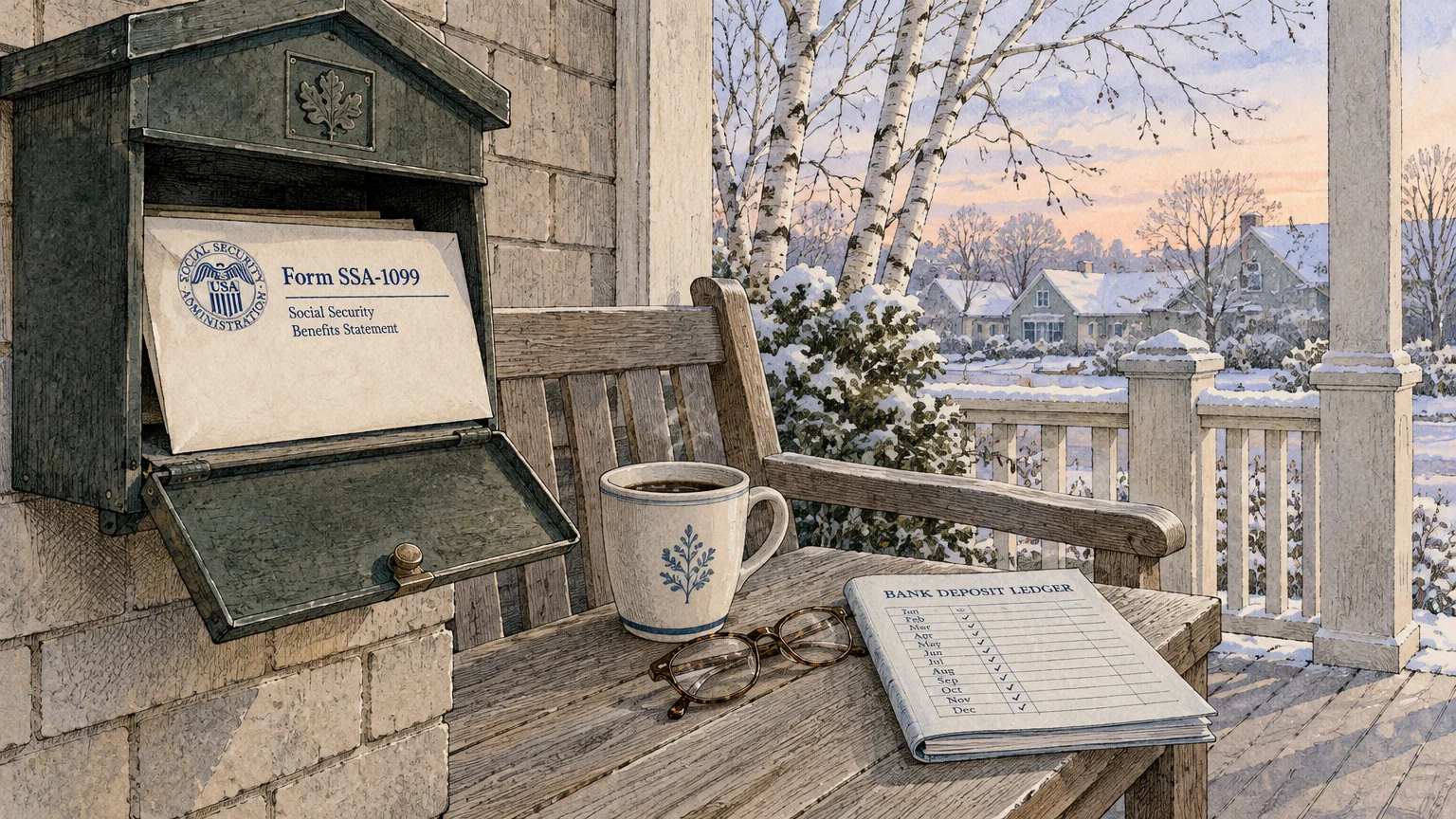 Illustration of a mailbox holding a Form SSA-1099 envelope beside coffee, glasses, and a ledger on a winter porch.
