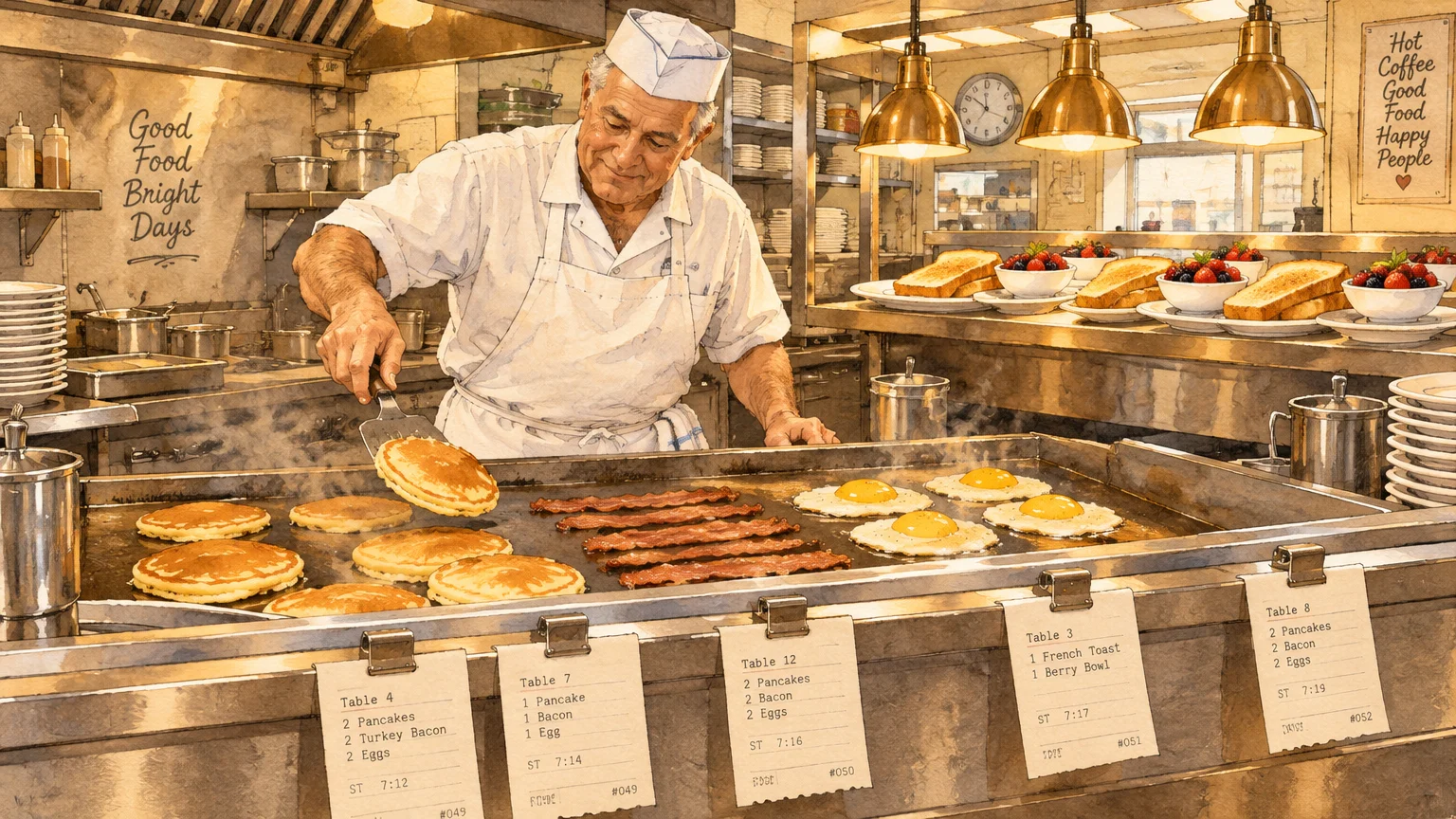 Illustration of an older cook flipping pancakes on a large flat-top griddle lined with bacon and fried eggs in a diner.