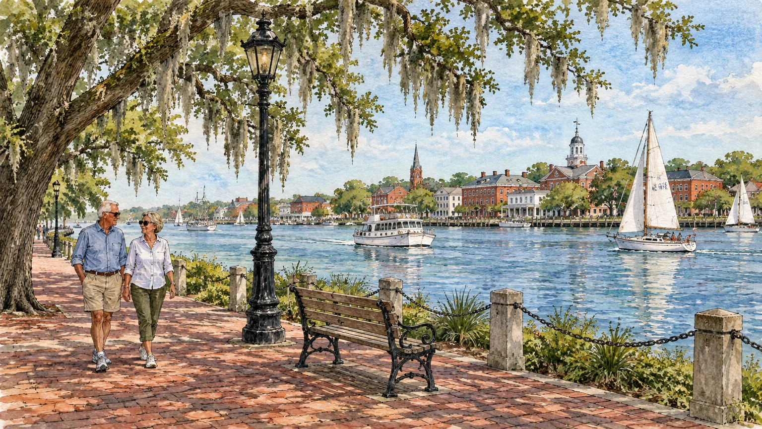 Watercolor illustration of a senior couple walking along a brick waterfront path overlooking boats and historic brick buildings.