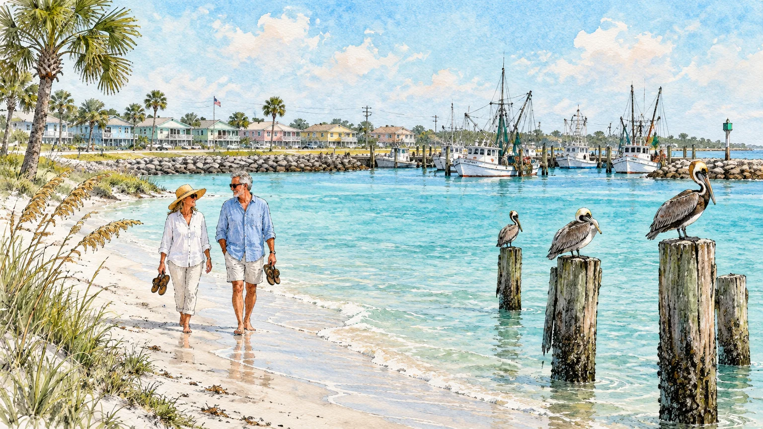 Watercolor illustration of a couple walking along a sandy shoreline with pelicans on wooden pilings and boats docked nearby.