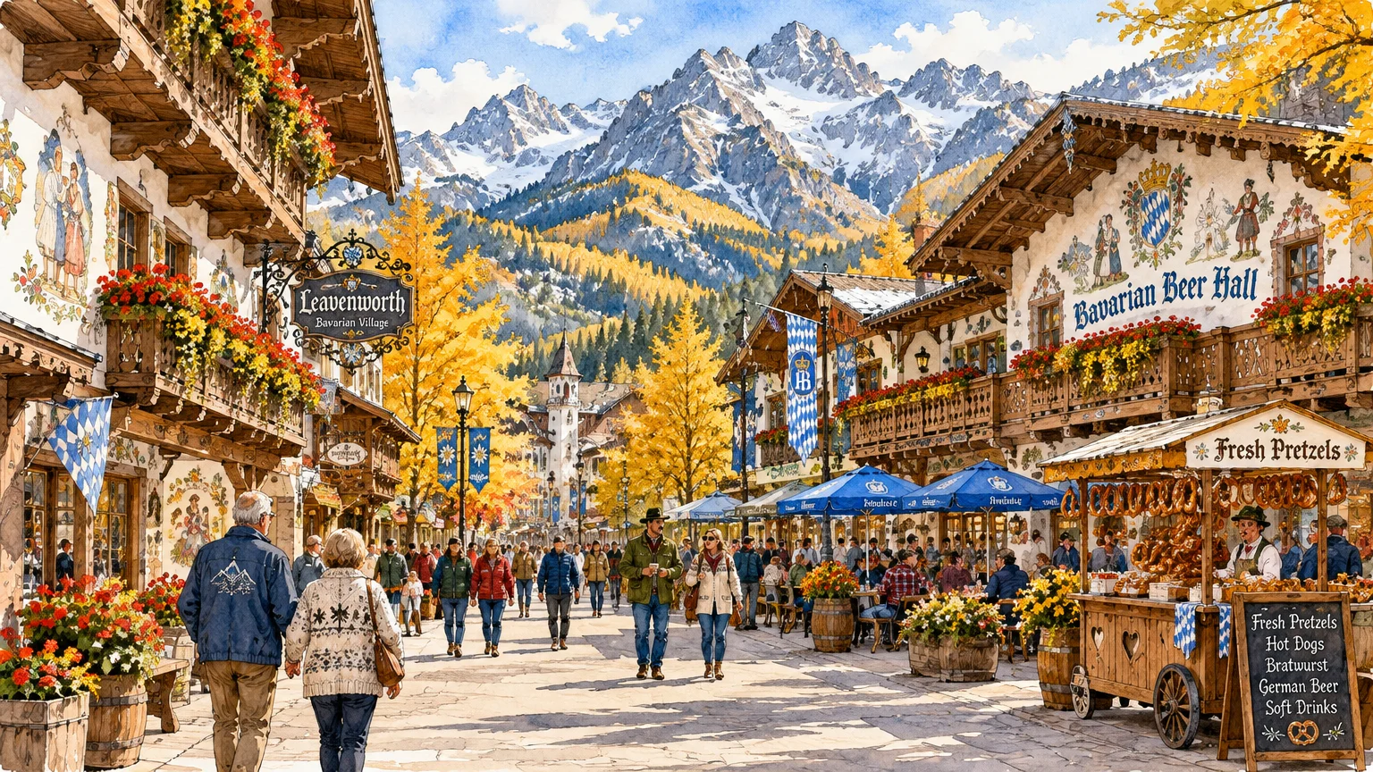 Illustration of people strolling through a Bavarian-style alpine village street lined with pretzel stands and mountains.