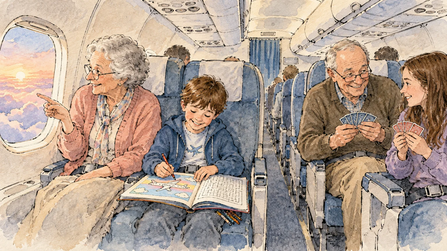 Watercolor illustration of grandparents sitting with grandchildren in airplane seats, coloring and playing cards.