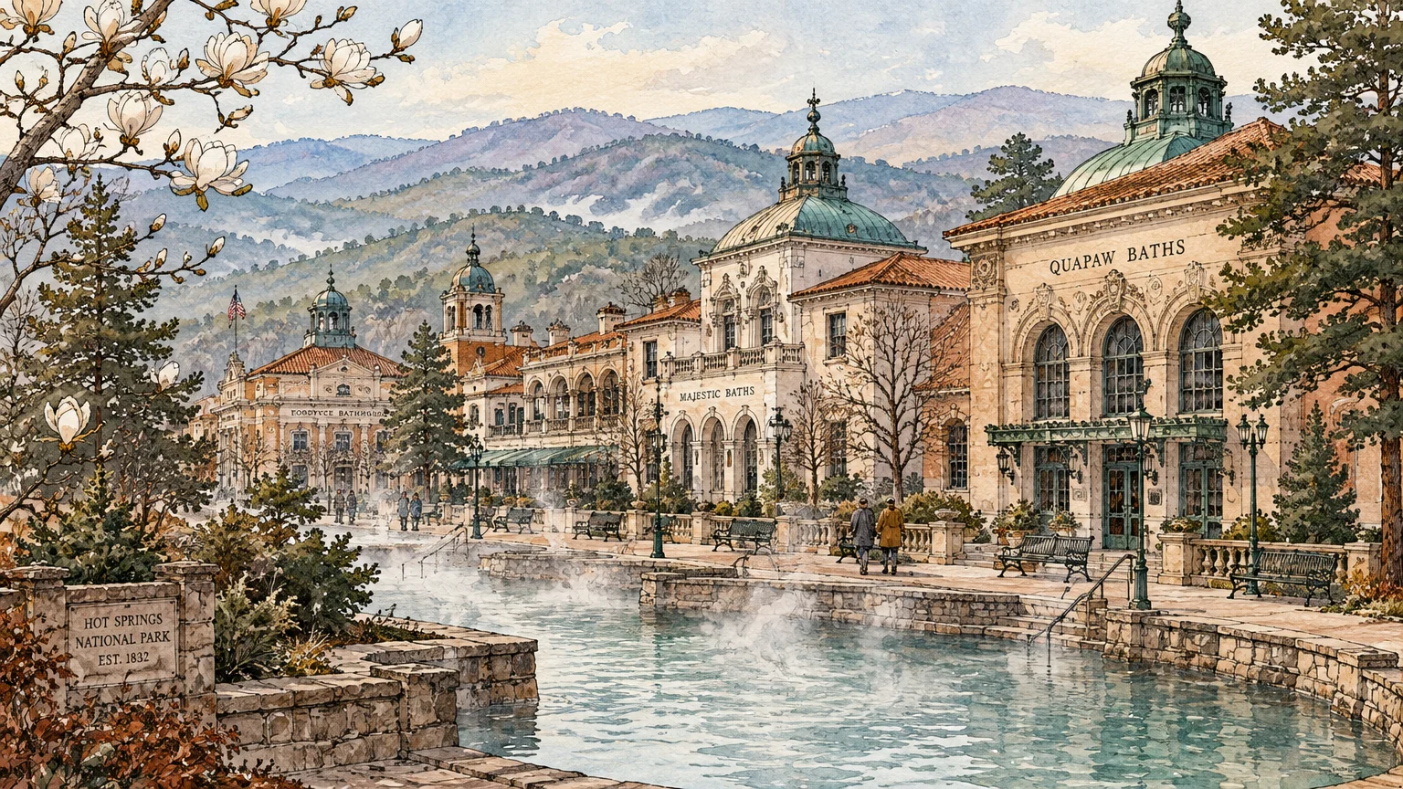 Watercolor illustration of historic bathhouses along a steaming thermal pool with mountains in the background.
